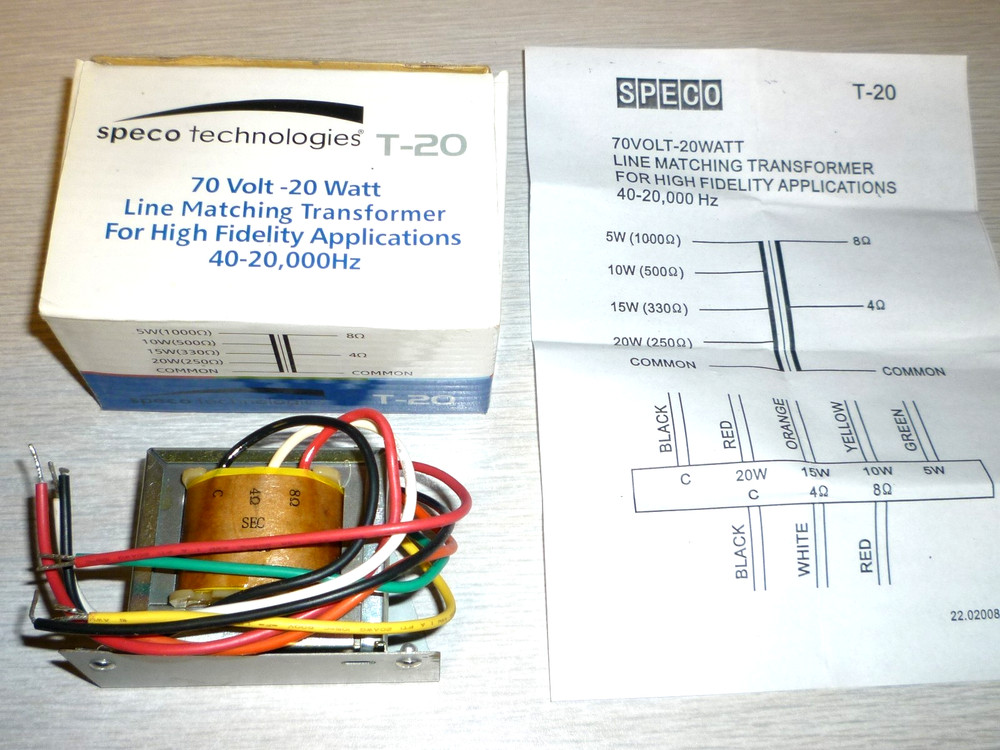 SPECO T20 – 8Ohm to 70V / 20 WATT (20W 15W 10W 5W) – LINE MATCHING TRANSFORER
