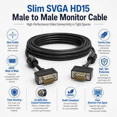 Slim SVGA HD15 Male to Male Monitor Cable -3ft / 6ft / 10ft / 15ft / 25ft / 50ft