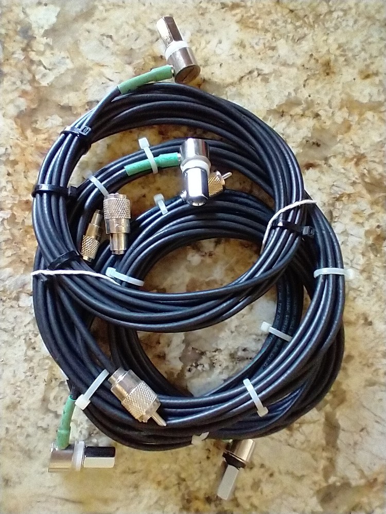 (4) 18 ft RG-58 c/u, PL-259 to 90 degree 3/8 X 24 to 5/8 hole, hand soldered US