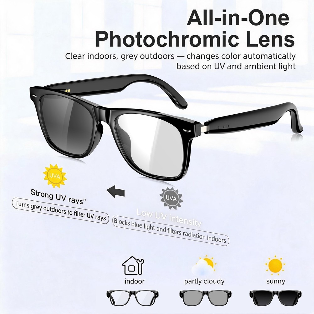 2in1 Photochromic Smart Glasses Sunglasses Bluetooth 6.0 Speaker Calling Music