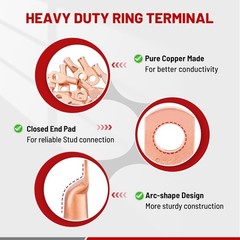 10× 8 AWG 1/4″ Copper Lug Battery Ring Terminals Cable Ends Heavy Duty Wire Lugs