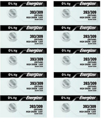 Ten (10) Energizer 393/309 SR754W Silver Oxide Watch Battery**