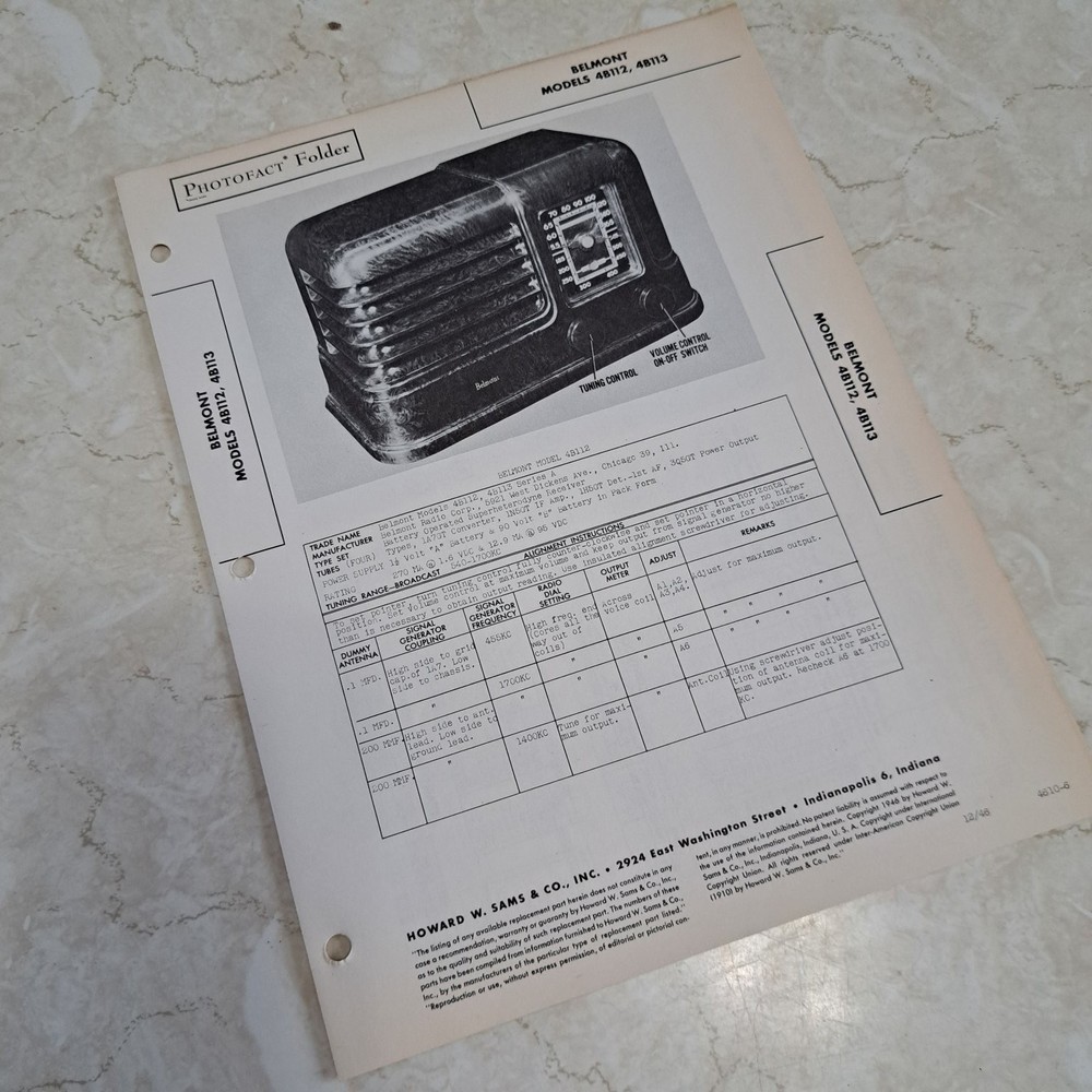Belmont Service Manual Radio Receiver 4B112 4B113 1948 Photofact Illustrated