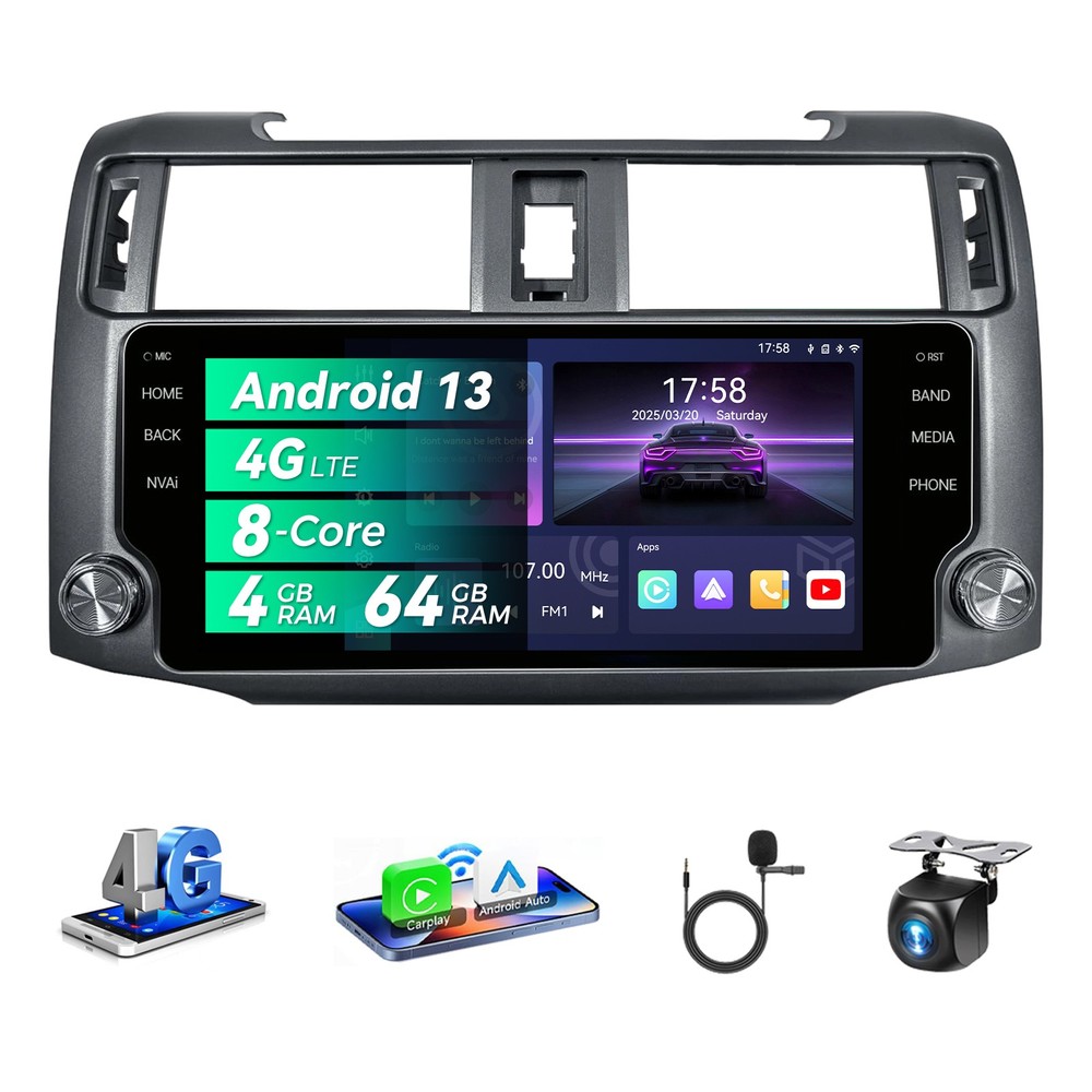 Android Head Unit for Toyota 4Runner, 4GB RAM 64GB ROM, 4G LTE, 1080p AHD Camera