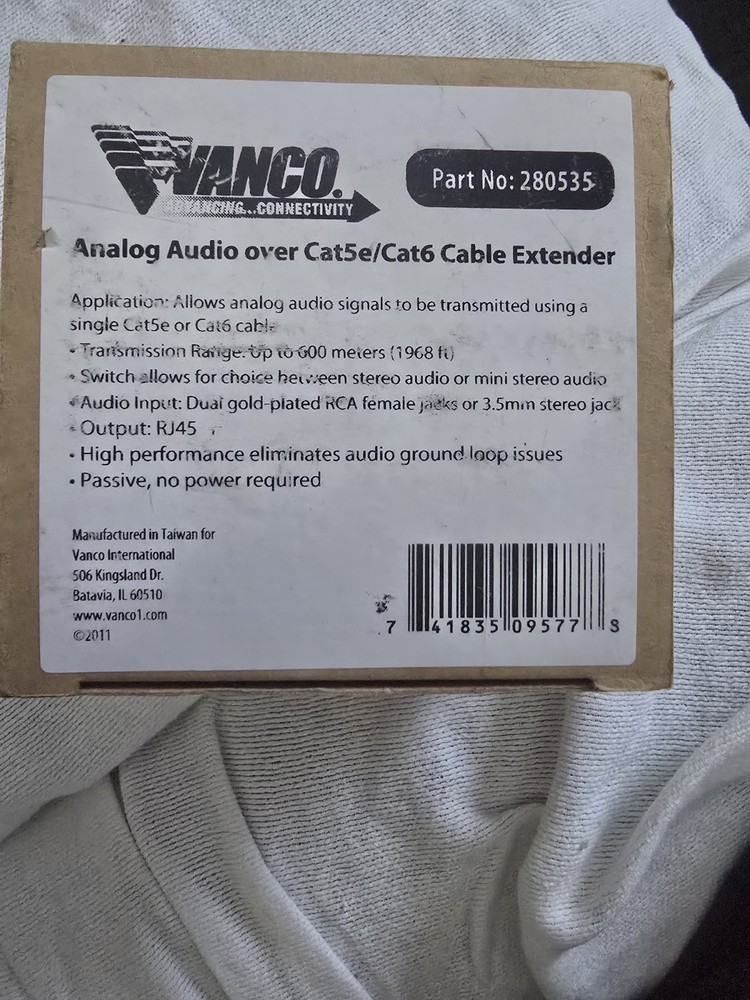 Vanco ￼Analog Audio Over Ct Six Cable Extender Model 280535