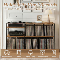 Vinyl Record Player Stand with Storage, Power Outlet, Rustic Brown Finish