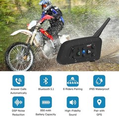 EJEAS V6 Pro Motorcycle Helmet Bluetooth Intercom, 2-Way 1200M V6-2, Black