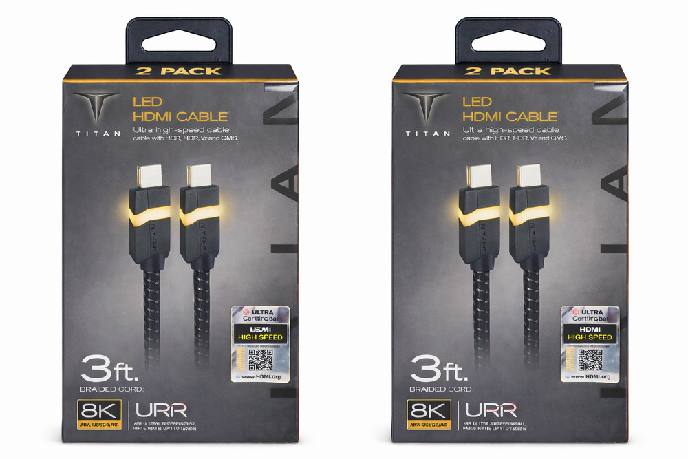 2-PACK Titan 8K LED HDMI Cable 3 ft Amber LED High Speed 48Gbps 8K 60Hz, 4K 120H