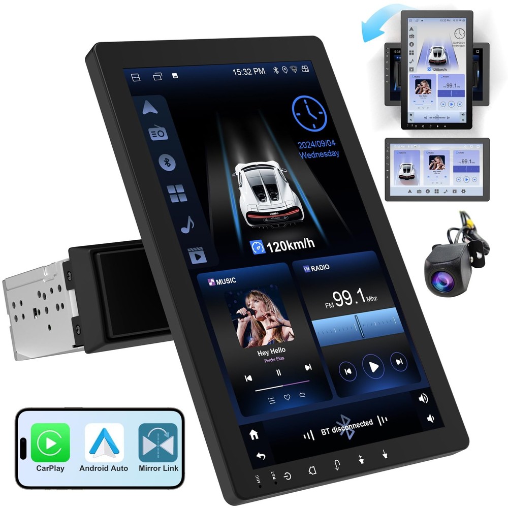 10.1″ Rotatable Touch Screen Car Stereo Single Din – Android 10.1-inch, black