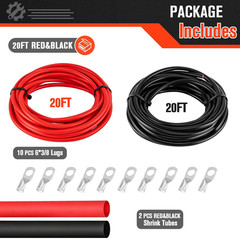 6 Gauge Wire 20Ft Black + 20Ft Red Pure Copper | 6 Gauge Battery Cable for Auto,