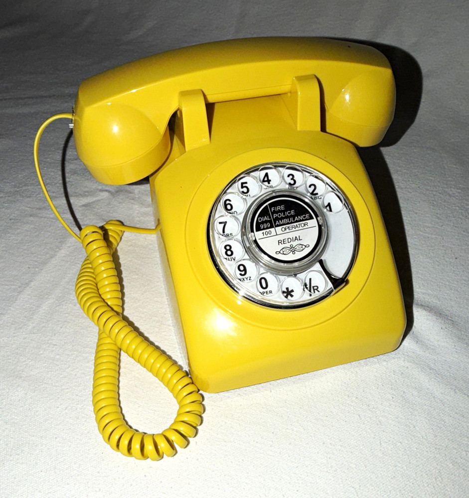 Retro Yellow Corded Rotary Dial Telephone, 1-Line, Redial Feature