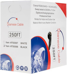 250FT Black Bulk Siamese RG59/U Cable, 20AWG + 18/2AWG 95% Shielding, CCTV Video