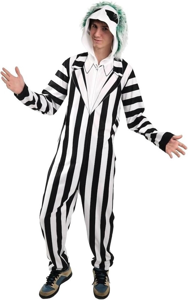 Beetlejuice Adult Mens Black White Striped Hooded Pajama Costume Halloween NWT