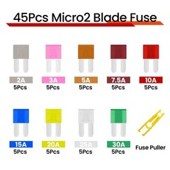 45Pcs Micro2 Automotive Blade Fuses 32V Assortment Kit 2A 3A 5A 30A