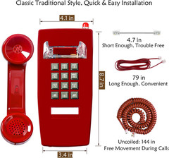 Traditional Red Wall Phones for Landline Mechanical Ringing, Classic 2554 Wall T