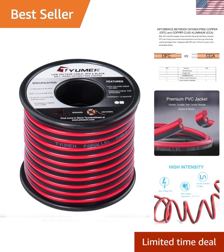 40 FT 18 AWG Dual Conductor Red & Black Speaker Wire – 99.95% Oxygen Free Copper