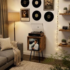 Rustic Brown Vinyl Record Stand with Flip-Top Lid – Organizes 100+ Albums Safely