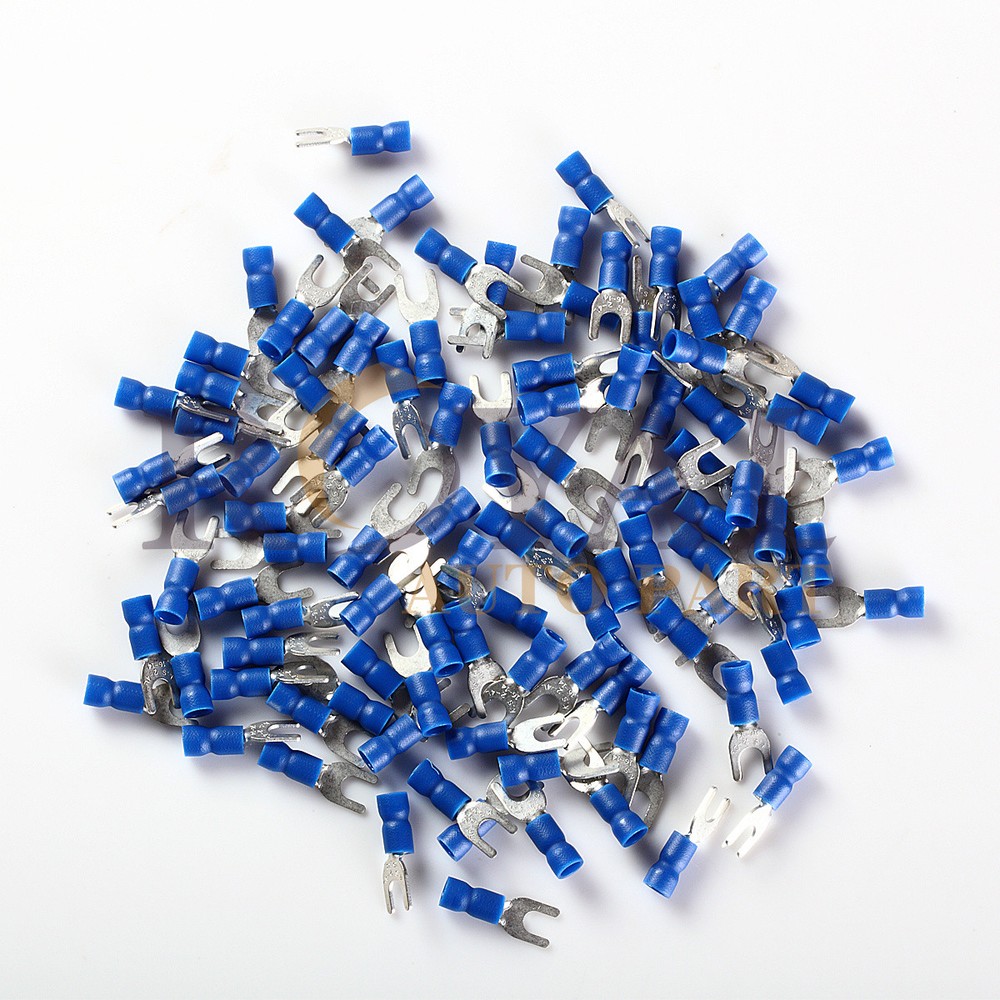 (100) 16-14GA #8 BLUE FORK SPADE TERMINAL VINYL INSULATED CRIMP WIRE CONNECTOR