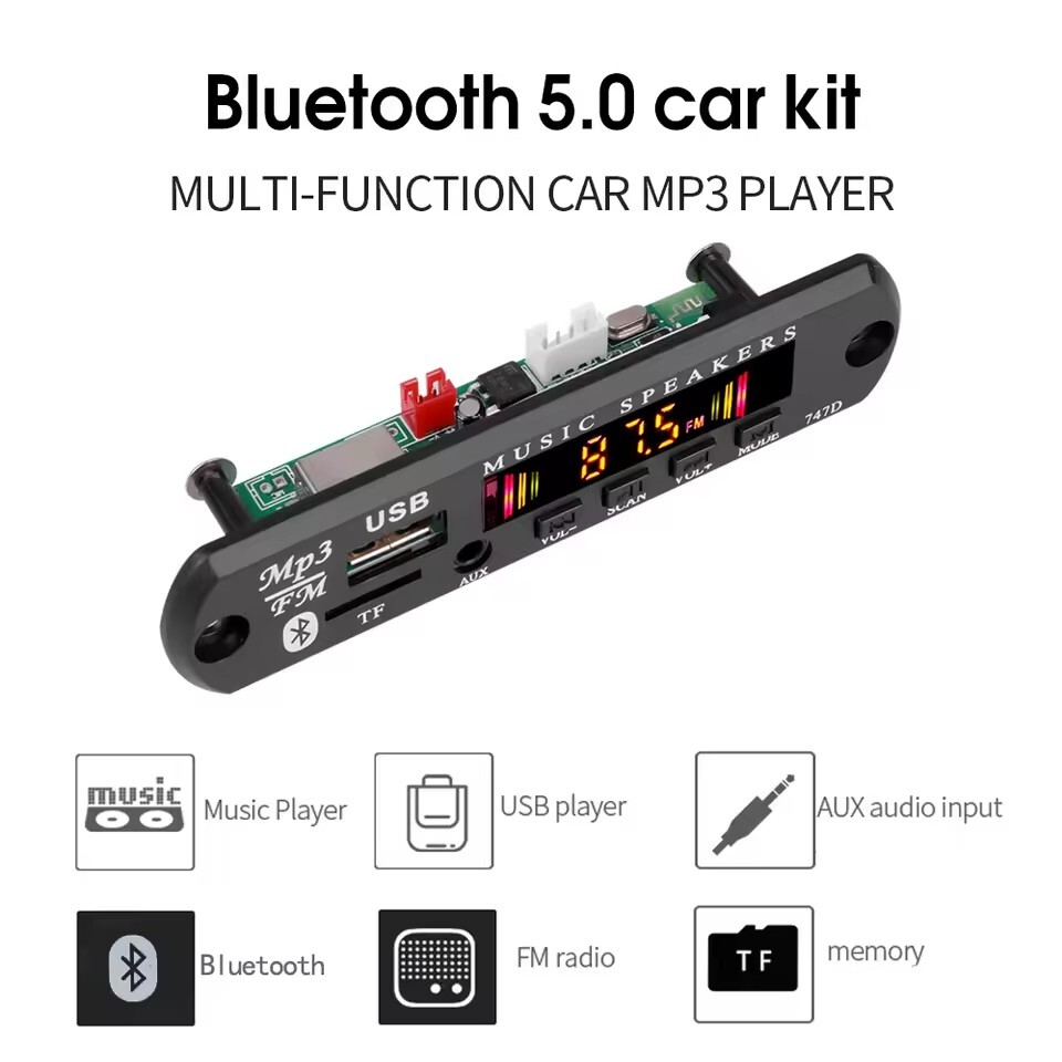 Car Audio Player – Bluetooth 5.0, FM, USB/MicroSD (MP3, WMA, WAV, FLAC), AUX