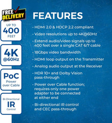 4K HDMI over Ethernet Extender Balun Hdbaset Ultrahd 4K @ 60Hz 4:4:4 Cat5E/6/7..