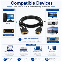 DVI-A Male to VGA HD15 Male Analog Video Cable – 3ft / 6ft / 10ft / 15ft