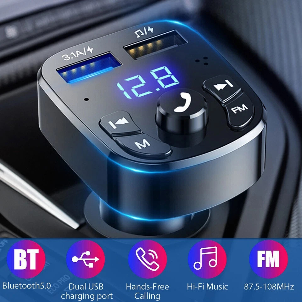 Bluetooth 5.0 Car Wireless FM Transmitter Adapter 2USB PD Charger AUX Hands-Free