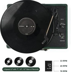Vintage Dark Green Bluetooth Record Player – Portable 3-Speed Suitcase Turntable