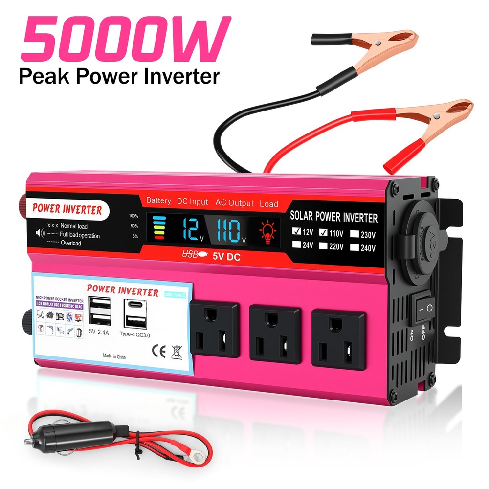 Car Power Inverter 5000W DC 12V To AC 110V Pure Sine Wave Solar Converter 4 USB