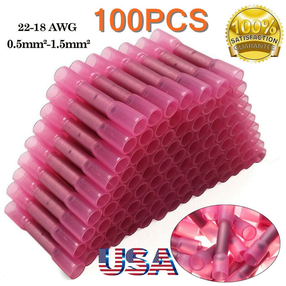 100Pcs 22-16AWG Red Heat Shrink Wire Butt Connectors Waterproof Splice Terminals