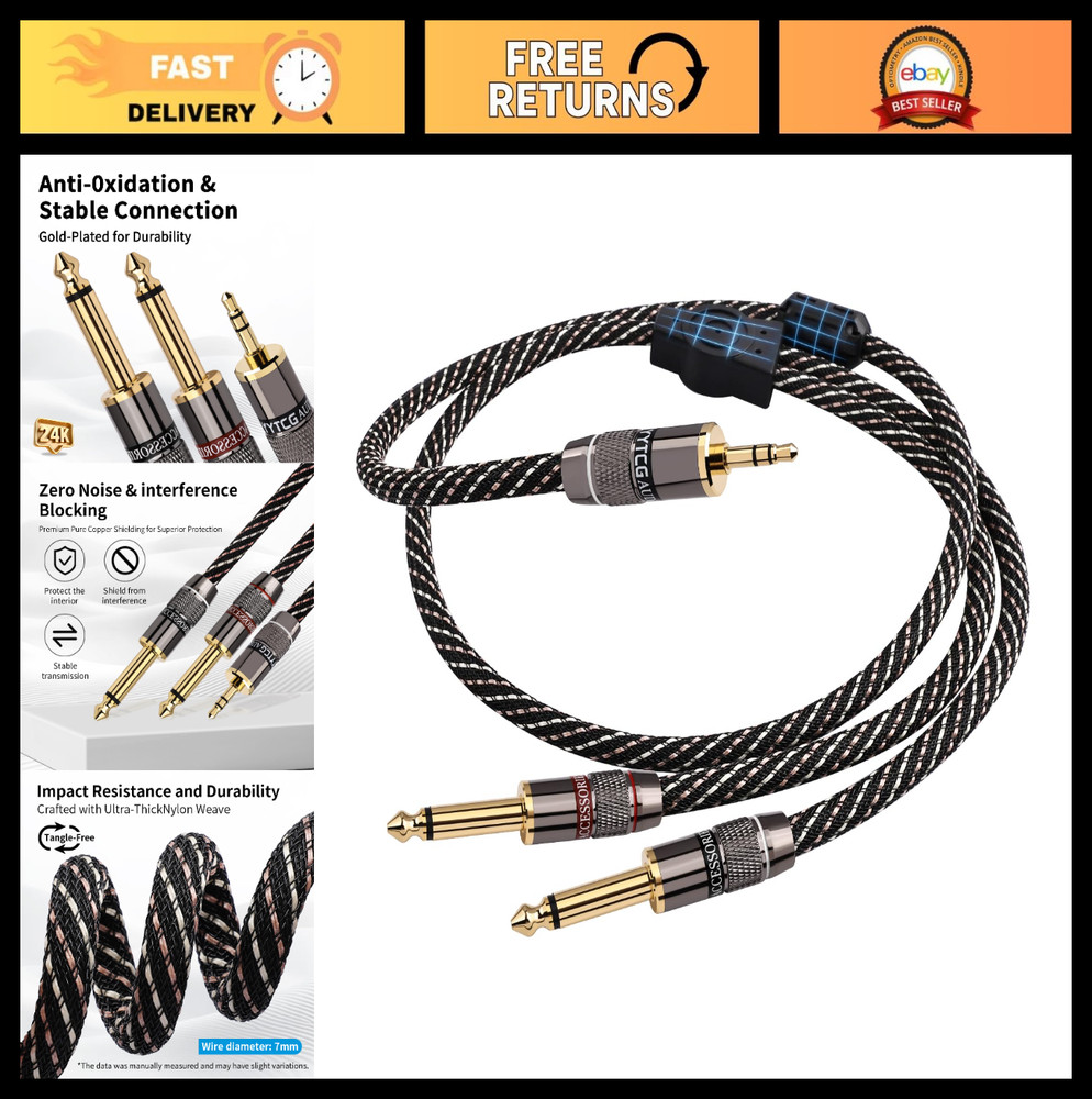 3.5mm TRS to Dual 6.35mm TS Y Splitter Audio Cable, 24K Gold-Plated, Braided Hi-
