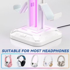 KDD White RGB Headset Stand with 9 Modes & Detachable Controller Holder for Desk