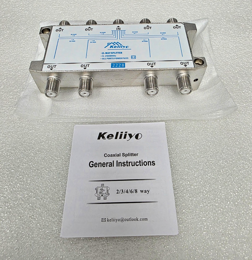 Keliiyo 8 Way coaxial Cable Splitter, Bi-Directional MoCA 8 way, SILVER***NEW***