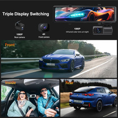 12″ Mirror Dash Cam 3 Channel 4K Front Inside Rear 1080P WiFi Night Vision GPS 2