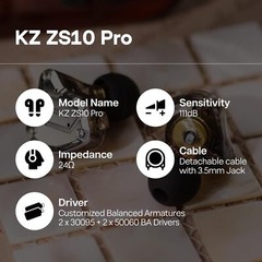 KZ ZS10 Pro 4BA+1DD 5 Driver In-Ear Hifi Metal Earphones With Detachable Cable