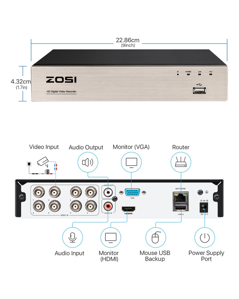 ZOSI H.265+ 8CH/16CH DVR for Security Camera System 1080P Recorder with HDD