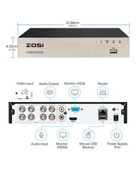 ZOSI H.265+ 8CH/16CH DVR for Security Camera System 1080P Recorder with HDD