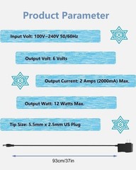 6V DC Power Supply 2A Universal AC Adapter, 100-240V 50/60Hz 6 Volts 2 Amp Trans