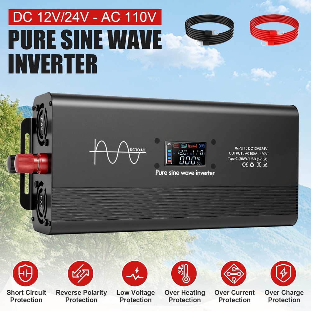 20000W Pure Sine Wave Car Power Inverter 12/24V DC to 110V 120V AC 60HZ US Stock