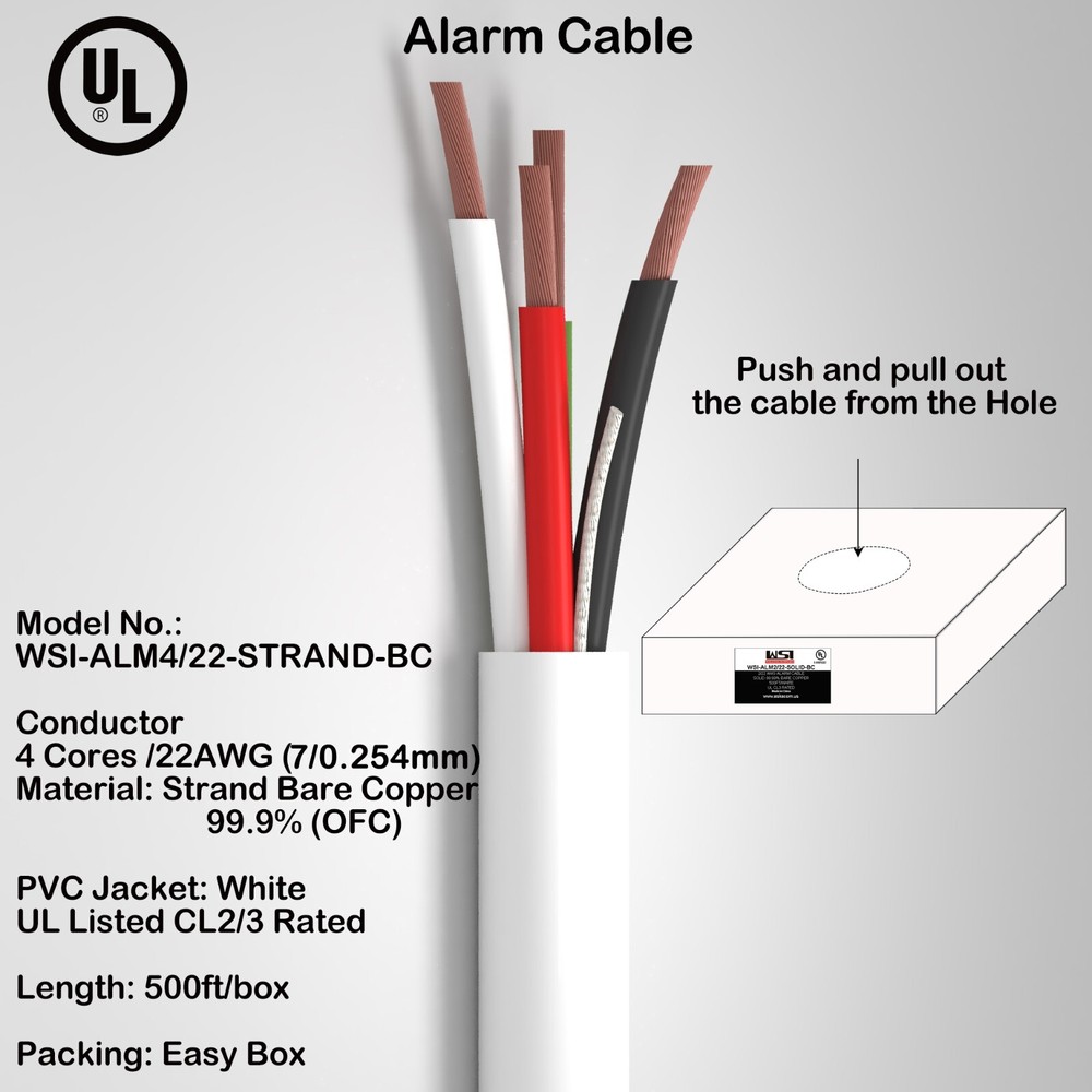 SECURITY WIRE BURGLAR ALARM 22/4 BARE COPPER OFC CABLE 500FT UL CL2/3 CERTIFIED