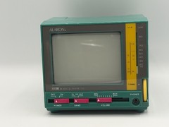 Vintage 80s Alaron Teal Pink Yellow Mini 4.5” Screen B/W TV Television WORKS!