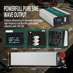 2500W Pure Sine Wave Inverter 12V/24V Auto-Detect DC to 110V/120V AC Off-Grid RV