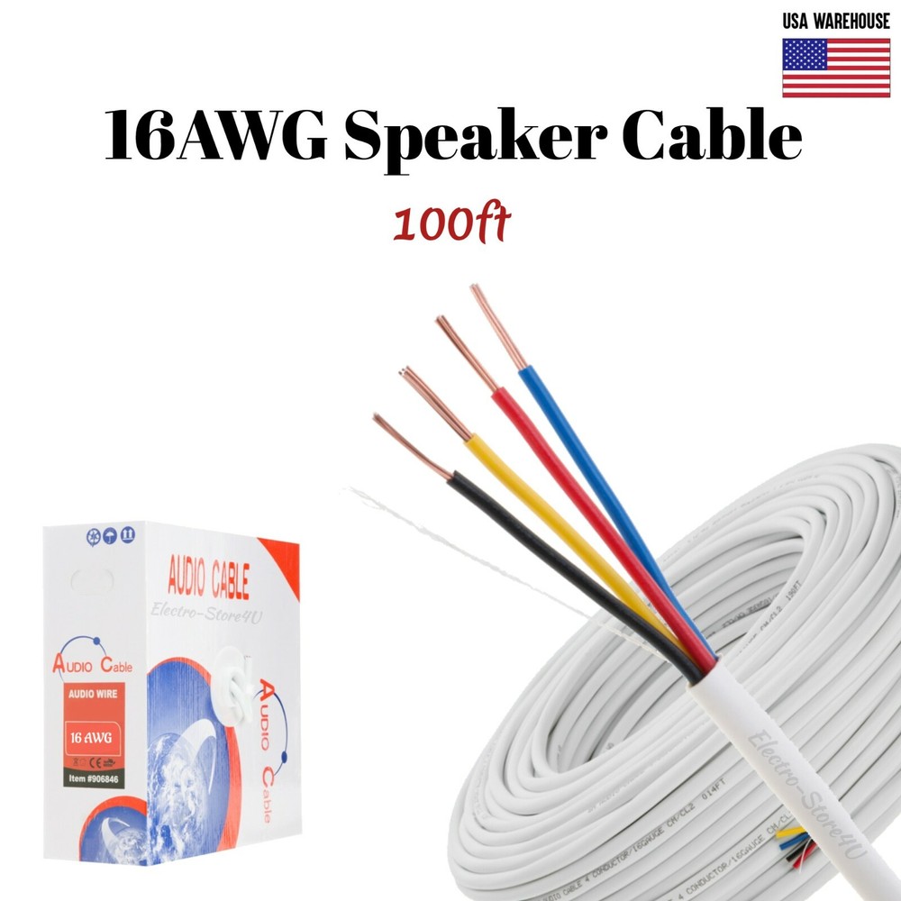 16AWG Speaker Cable 100ft CL2 In Wall 16/4 Gauge 4 Conductor Bulk Audio Wire New