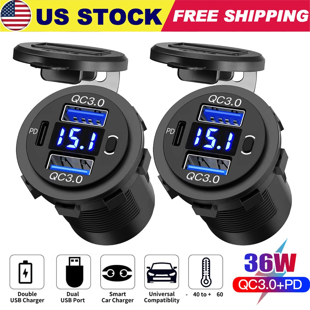 2 PACK 12V-24V Dual USB QC 3.0 + PD 36W Car Fast Charger Socket Power Outlet USA
