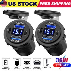 2 PACK 12V-24V Dual USB QC 3.0 + PD 36W Car Fast Charger Socket Power Outlet USA