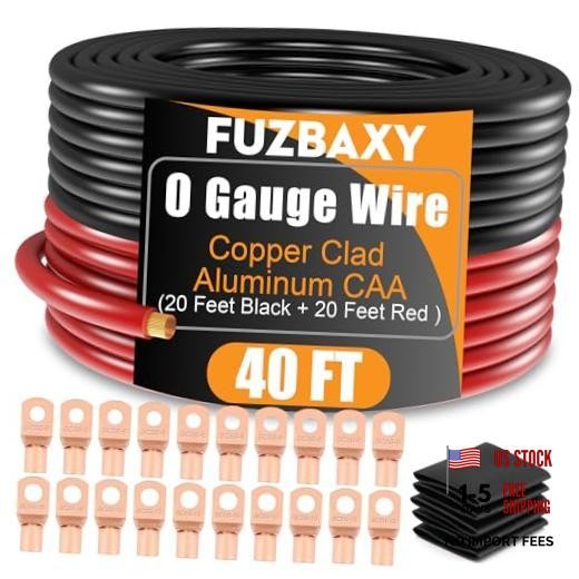 Wire 40FT (20Ft Black+20Ft Red) Copper Clad 0 Gauge Black/Red – 40FT