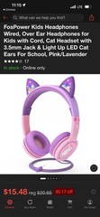 FosPower Kid Stereo Headset Wired 3.5mm Light-Up Cat Ear Headphones