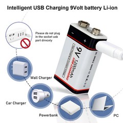 4*1200mAh 9v Battery USB Rechargeable Lithium 6f22 PP3 Block 9volt Li-ion MN1604