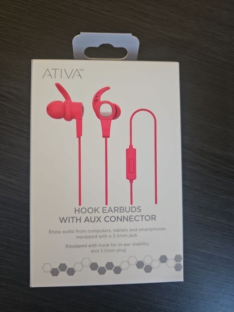NIB/Sealed Ativa™ Hook Earbuds With Aux Connector, Red, Free Shipping