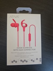 NIB/Sealed Ativa™ Hook Earbuds With Aux Connector, Red, Free Shipping