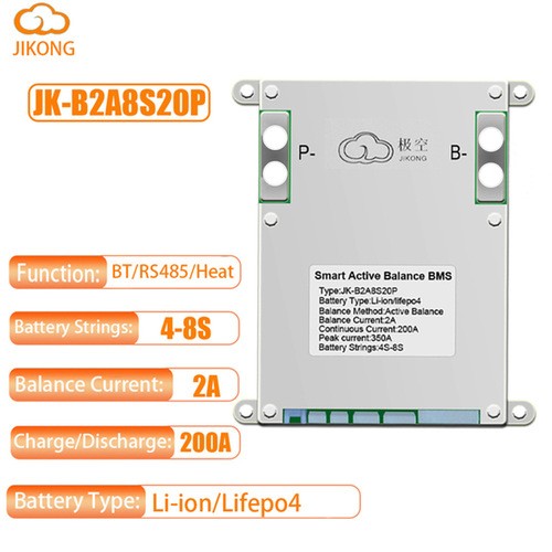 JK BMS JK-B2A8S20P 4S-8S 200A Li-ion LiFePo4 BMS 2A Active Balance BT/RS485 USA